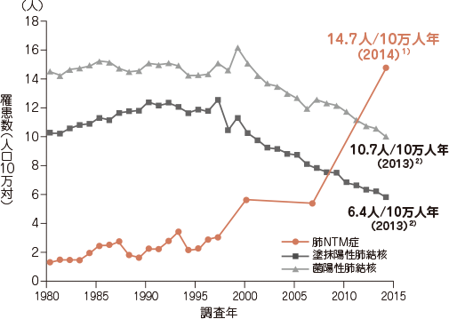 2014年の全国調査における肺NTM症罹患率は肺結核を上回る14.7人/10万人年と報告されており、2007年と比べると約2.6倍に増加しました