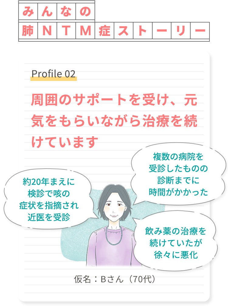みんなの肺NTM症ストーリー Profile 02 周囲のサポートを受け、元気をもらいながら治療を続けています